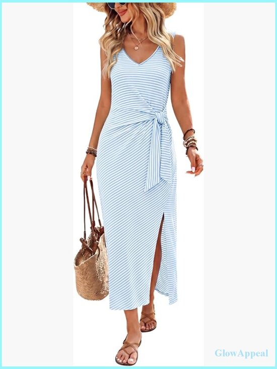 Dresses & Skirts - Women's Sleeveless V-Neck Midi Dress with Tie Waist Side Slit
